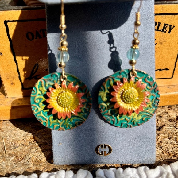 Boho Hand Painted Patina Sunflower Earrings - Bohemian Boho Earrings - OOAK - Picture 3 of 9